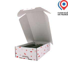 Coffret carton kraft blanc 2 bouteilles Bordeaux calage à ailette - Personnalisable