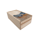 Caisse en bois à glissière pour deux bouteilles de 75 cl de vin de Bordeaux. 
Personnalisable avec logo, photo, texte.