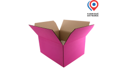 Carton d'expédition rose à rabats 6 Bordeaux 2x3 double cannelure personnalisé avec logo et visuel. Calage pour bouteilles et fermeture avec de l'adhésif. Fabriqué en France.