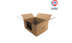 Caisse carton d'expédition à rabats 303x236x152mm personnalisée avec logo, texte et aplat de couleur. Fabriqué en France.