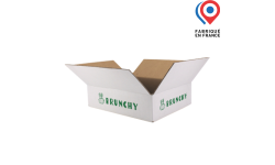 Caisse carton blanc 303x244x78 mm personnalisable avec logo, photo, ou texte. Fabriqué en France.