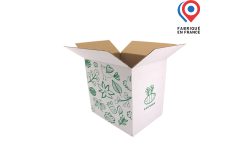 Carton d'expédition blanc à rabats recyclable, personnalisable avec logo, visuel ou photo. Fabriqué en France.