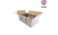 Carton d'expédition blanc à rabats 12 Bordeaux HT 152 2X6 simple cannelure avec calage pour bouteilles. Personnalisable avec logo et visuel de marque. Fabriqué en France.