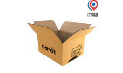 Caisse carton jaune 303x238x152mm double cannelure personnalisé avec logo et visuel. Fabriqué en France.