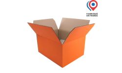 Carton d'expédition orange à rabats pour 6 bouteilles de Bordeaux 2X3, personnalisable avec logo, visuel ou photo. Fabriqué en France.