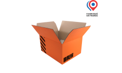 caisse carton d'expédition orange 303x238x152mm, personnalisé avec logo, ajout de calages possible. Fabriqué en France.
