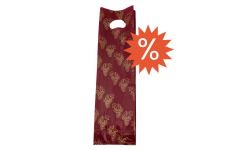 Sac bouteille rouge bordeaux avec motif raisin or vu de face, idéal pour emballer une bouteille de vin.