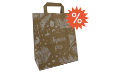 Vue de profil du sac en papier kraft décoré « Joyeuses Fêtes » avec logo % indiquant produit en déstockage, vendu par lot.