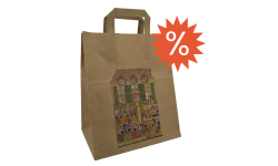 Sac en papier kraft avec illustration Cours des Halles, vue de face, avec logo pourcentage indiquant produit en déstockage.