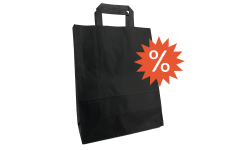 Vue de face d’un sac kraft noir avec logo pour indiquer produit en destockage, poignées plates visibles.