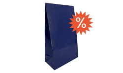 Pochette cadeau bleu marine brillante fermée vue de côté format 160x80x270 mm. Logo promo
