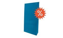 Pochette cadeau bleu ciel brillante fermée vue de côté format 180x60x350 mm. Produit en destockage
