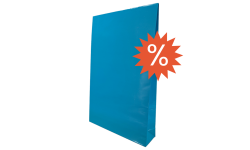 Vue de profil de la pochette cadeau bleu ciel avec logo indiquant un produit en déstockage
