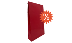 Pochette cadeau rouge grand format vue de profil avec visuel “% déstockage” – emballage rigide 240 x 75 x 410 mm proposé en offre spéciale.
