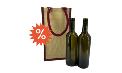 Sac en jute pour 2 bouteilles de vin vu de face avec deux bouteilles à côté – produit en déstockage Mauco Cartex