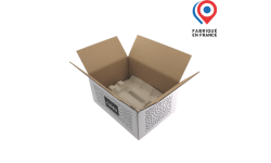 Carton d'expédition blanc à rabats 6 Flûtes/Véronique 2X3 double cannelure personnalisé avec logo et visuel. Calage en cellulose moulé et fermeture avec de l'adhésif. Fabriqué en France.