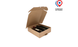 Coffret en carton kraft brun contenant 3 bouteilles de vin de 75cl avec calage à ailette. Fabriqué en France.