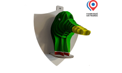 Tête de canard en carton ondulé décorative, bec jaune et tête verte, objet original à monter soi-même et personnalisable pour la décoration ou l’événementiel.