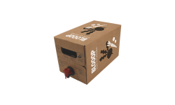 Bag-in-box carré carton kraft écru 5L avec poignée et emplacement robinet. Personnalisable avec logo et visuel