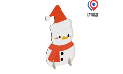 figurine bonhomme de neige en carton imprimé, vue oblique, idéale pour table ou vitrine de Noël
