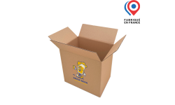 Caisse en carton ondulé recyclable conçue pour contenir 12 bouteilles de bière de 33 cl long neck haute, avec rabats pour une fermeture sécurisée. Fabriqué en France.