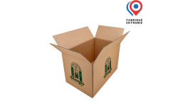 Caisse en carton ondulé recyclable conçue pour contenir 24 bouteilles de bière 33cl long neck haute, avec rabats pour une fermeture sécurisée. Fabriqué en France.