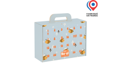 calendrier de l’avent valisette en carton imprimé motifs abeilles, design ludique et coloré pour produits enfants ou épicerie type miel. Produit fabriqué en France