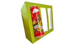 calage en carton vert avec découpe, présentation pour canette en coffret