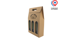 Coffret portable pour 3 bouteilles de 75 cl long neck emballage personnalisable avec logo, marque, texte, ou photo. Fabriqué en France.