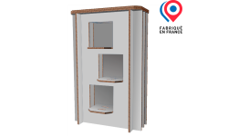 Comptoir en carton alvéolaire avec 3 cases intégrées. Personnalisation couleur en France. Meuble carton RSE pour stand et salon