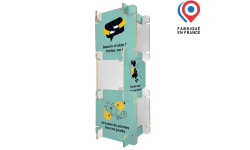 Totem PLV en carton personnalisé avec impression et logo, illustrant les options de personnalisation graphique. Produit « fabriqué en France »