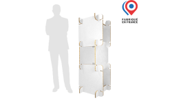 Totem PLV en carton personnalisé avec impression et logo, illustrant les options de personnalisation graphique. Produit « fabriqué en France »