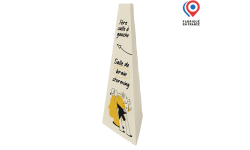 Totem PLV en carton personnalisé avec impression et logo, illustrant les options de personnalisation graphique. Produit « fabriqué en France »