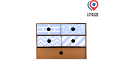 Petit meuble de rangements en carton ondulé avec 5 tiroirs modulables. Personnalisable avec logo, photo ou éléments graphiques