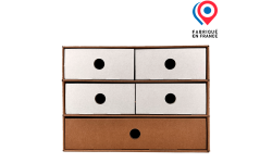 Petit meuble de rangements en carton ondulé avec 5 tiroirs modulables. Personnalisable avec logo, photo ou éléments graphiques Fabriqué en France