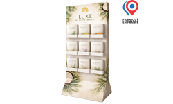 Structure PLV carton pour mise en avant de masques visage en retail