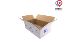 Carton d'expédition blanc à rabats 12 bouteilles Bordeaux 37.5cl sur 2 étages 6. Personnalisable avec votre logo, visuel ou photo. Possibilité de mettre des calages pour maintenir des bouteilles. Fabriqué en France.
