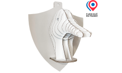 Tête de canard en carton ondulé décorative, bec jaune et tête verte, objet original à monter soi-même et personnalisable pour la décoration ou l’événementiel.